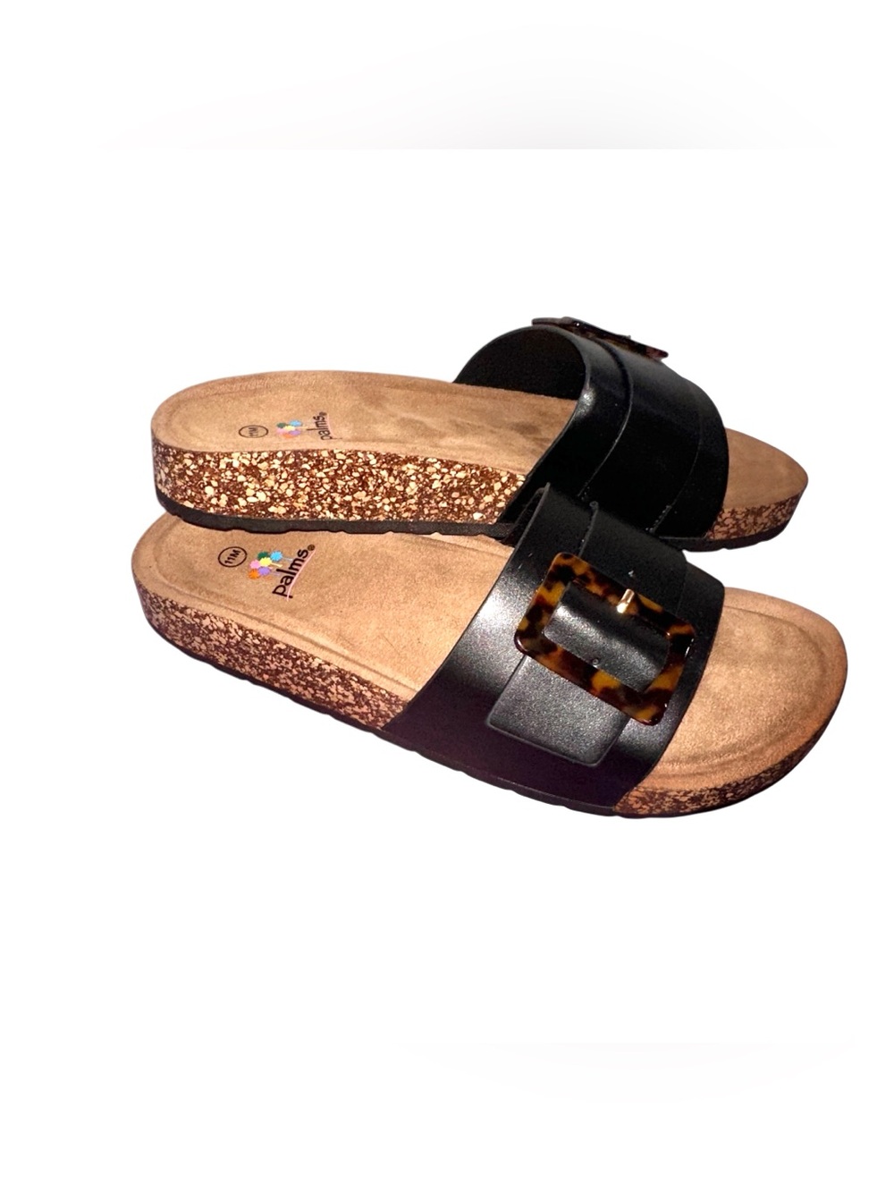 Palms Black Slide Sandals with Tortoiseshell Buckle Cork Platform Size 11M